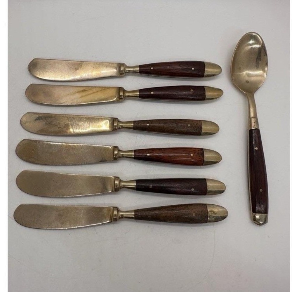 Vintage Brass Flatware Set Wood Handles 6 Butter Knives & Serving Spoon MCM